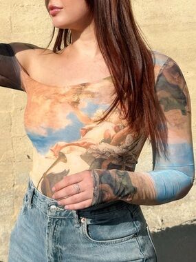 Princess Polly Manesh Off-Shoulder Renaissance Print Long-Sleeve Top